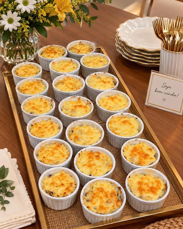 Mesa posta em casa com porções gratinadas, flores e talheres dourados